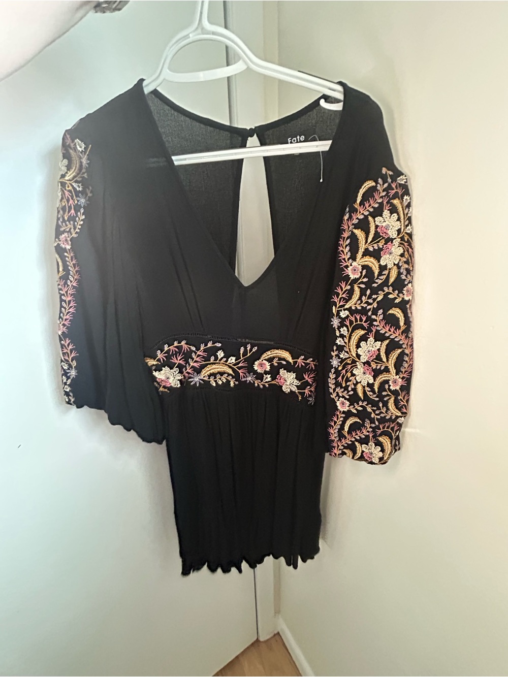 Fate Black Dress with Pink & Gold Floral Embroidery